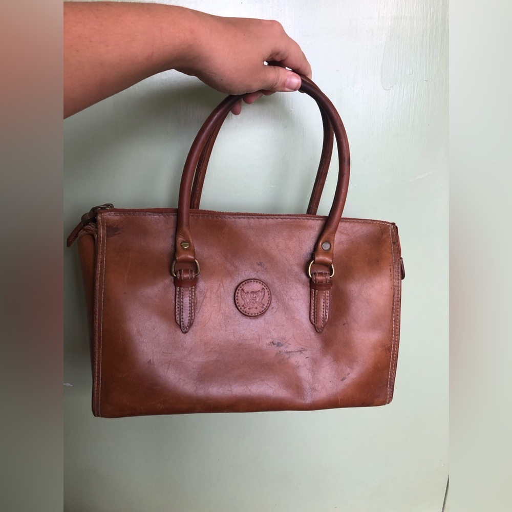 Vtg Liz Claiborne Brown Leather Purse Hand Bag 90s Double Handle, Read Descripti